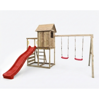 Maisonnette surélevée Maxplay 5 – Toboggan Rouge, Double Balançoire et Mur d’Escalade