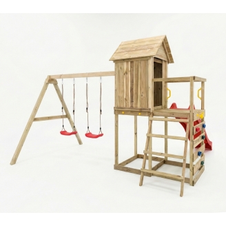 Maisonnette surélevée Maxplay 5 – Toboggan Rouge, Double Balançoire et Mur d’Escalade