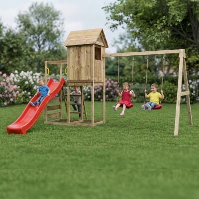 Maisonnette surélevée Maxplay 5 – Toboggan Rouge, Double Balançoire et Mur d’Escalade