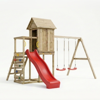 Maisonnette surélevée Maxplay 5 – Toboggan Rouge, Double Balançoire et Mur d’Escalade