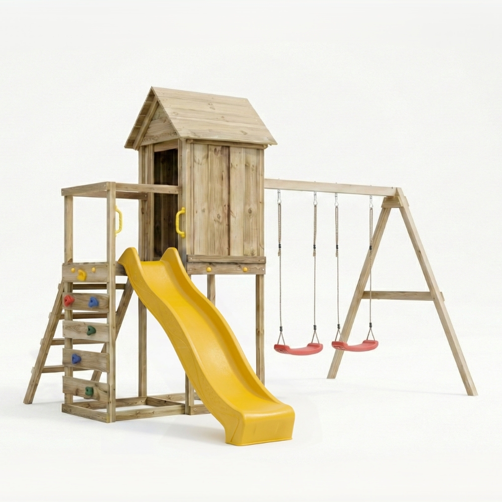 Maisonnette surélevée Maxplay 5 – Toboggan Jaune, Double Balançoire et Mur d’Escalade