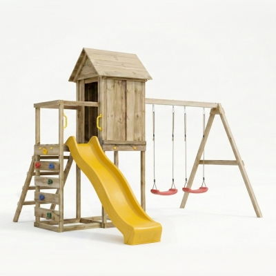 Maisonnette surélevée Maxplay 5 – Toboggan Jaune, Double Balançoire et Mur d’Escalade