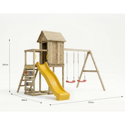 Maisonnette surélevée Maxplay 5 – Toboggan Jaune, Double Balançoire et Mur d’Escalade
