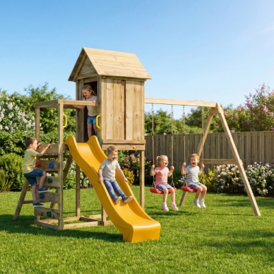 Maisonnette surélevée Maxplay 5 – Toboggan Jaune, Double Balançoire et Mur d’Escalade