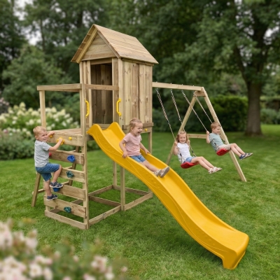 Maisonnette surélevée Maxplay 5 – Toboggan Jaune, Double Balançoire et Mur d’Escalade
