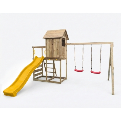 Maisonnette surélevée Maxplay 5 – Toboggan Jaune, Double Balançoire et Mur d’Escalade