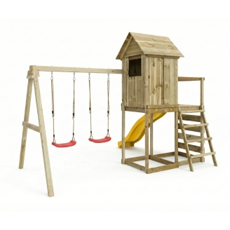 Maisonnette surélevée Maxplay 5 – Toboggan Jaune, Double Balançoire et Mur d’Escalade