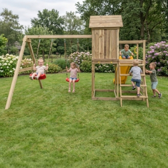 Maisonnette surélevée Maxplay 5 – Toboggan Jaune, Double Balançoire et Mur d’Escalade