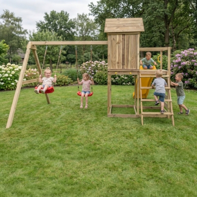 Maisonnette surélevée Maxplay 5 – Toboggan Jaune, Double Balançoire et Mur d’Escalade