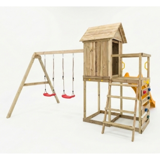 Maisonnette surélevée Maxplay 5 – Toboggan Jaune, Double Balançoire et Mur d’Escalade