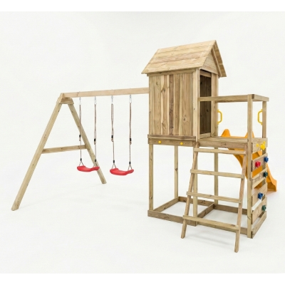 Maisonnette surélevée Maxplay 5 – Toboggan Jaune, Double Balançoire et Mur d’Escalade