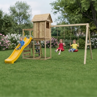 Maisonnette surélevée Maxplay 5 – Toboggan Jaune, Double Balançoire et Mur d’Escalade
