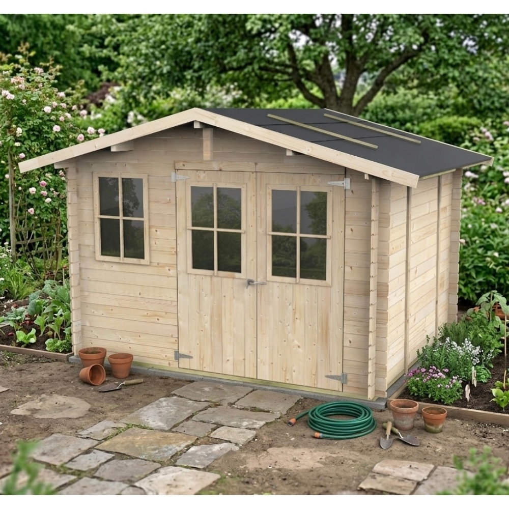 Abri de jardin en bois Olivia 3x2,5 m Blockhouse 25 mm avec plancher, double porte vitrée et fenêtre