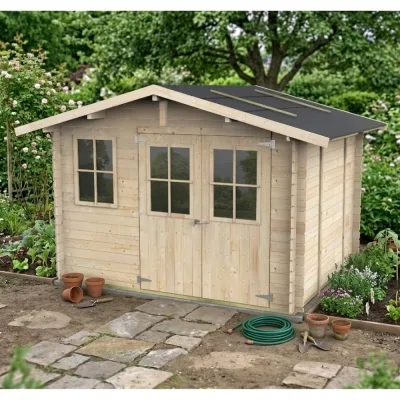 Abri de jardin en bois Olivia 3x2,5 m Blockhouse 25 mm avec plancher, double porte vitrée et fenêtre