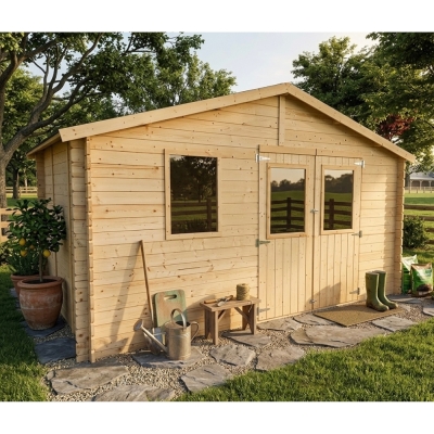 Abri de jardin en bois Diana 4x2,5 m Blockhouse 25 mm avec double porte vitrée et fenêtre