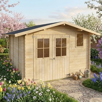 Abri de jardin en bois Matilde 3x3 m Blockhouse 25 mm avec plancher, double porte vitrée et fenêtre