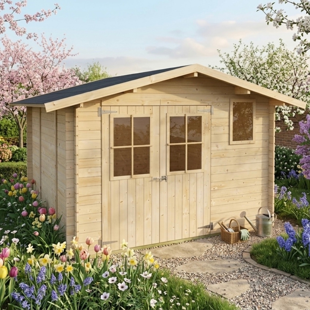 Abri de jardin en bois Matilde 3x3 m Blockhouse 25 mm avec plancher, double porte vitrée et fenêtre