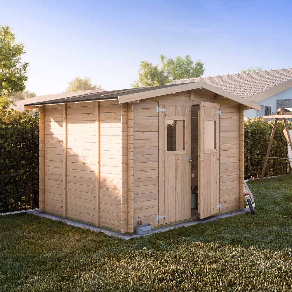 Cabane en bois Ludovica 2,5x2,5 m Blockhouse 25 mm avec plancher et double porte avec fenêtre