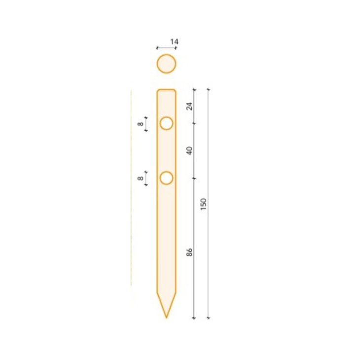 Poteau rond en bois Ø14x150 cm avec pointe et 2 trous Ø8 cm | imprégné en autoclave
