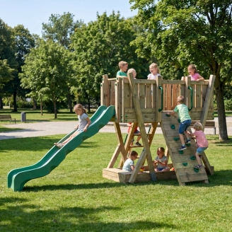 Tour de Jeux FunForte 1 en Bois pour Usage Public avec Toboggan HDPE, Mur d'Escalade et Échelle