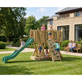Tour de Jeux FunForte 1 en Bois pour Usage Public avec Toboggan HDPE, Mur d'Escalade et Échelle