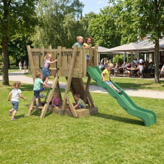 Tour de Jeux FunForte 1 en Bois pour Usage Public avec Toboggan HDPE, Mur d'Escalade et Échelle