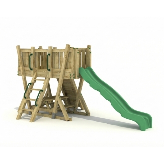 Tour de Jeux FunForte 2 en Bois pour Usage Public avec Toboggan HDPE, Mur d'Escalade et Table de Pique-Nique