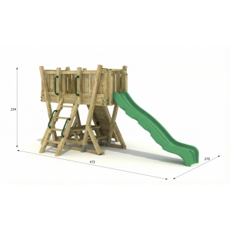 Tour de Jeux FunForte 2 en Bois pour Usage Public avec Toboggan HDPE, Mur d'Escalade et Table de Pique-Nique