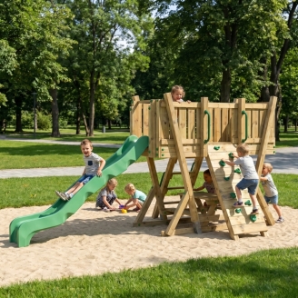Tour de Jeux FunForte 2 en Bois pour Usage Public avec Toboggan HDPE, Mur d'Escalade et Table de Pique-Nique