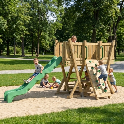 Tour de Jeux FunForte 2 en Bois pour Usage Public avec Toboggan HDPE, Mur d'Escalade et Table de Pique-Nique