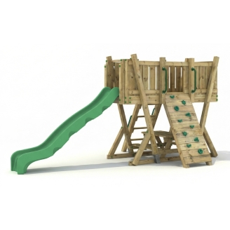 Tour de Jeux FunForte 2 en Bois pour Usage Public avec Toboggan HDPE, Mur d'Escalade et Table de Pique-Nique
