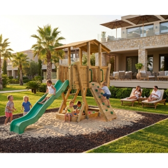 Parc de Jeux en Bois FunForte 3 pour Usage Public avec Toit, Toboggan HDPE, Mur d’Escalade et Bac à Sable