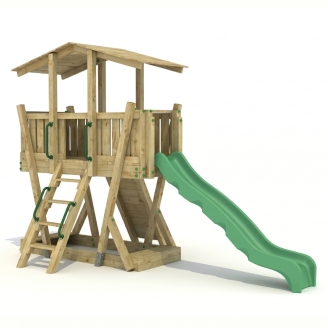 Parc de Jeux en Bois FunForte 3 pour Usage Public avec Toit, Toboggan HDPE, Mur d’Escalade et Bac à Sable