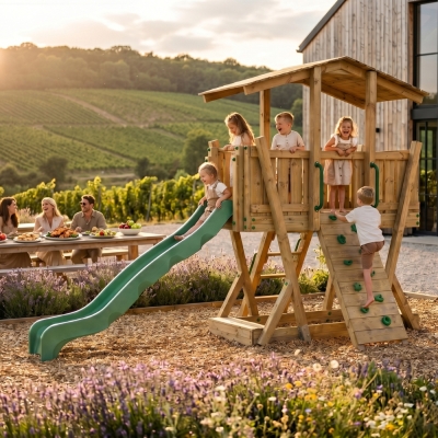 Parc de Jeux en Bois FunForte 3 pour Usage Public avec Toit, Toboggan HDPE, Mur d’Escalade et Bac à Sable