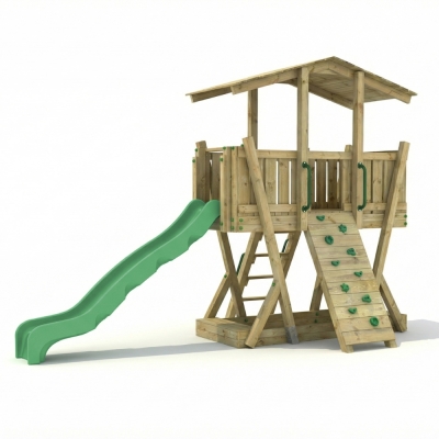 Parc de Jeux en Bois FunForte 3 pour Usage Public avec Toit, Toboggan HDPE, Mur d’Escalade et Bac à Sable