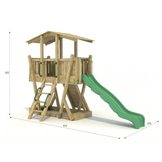 Parc de Jeux en Bois FunForte 3 pour Usage Public avec Toit, Toboggan HDPE, Mur d’Escalade et Bac à Sable
