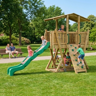 Parc de Jeux FunForte 4 en Bois pour Usage Public avec Toboggan HDPE, Mur d’Escalade et Table de Pique-Nique