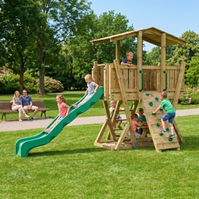 Parc de Jeux FunForte 4 en Bois pour Usage Public avec Toboggan HDPE, Mur d’Escalade et Table de Pique-Nique