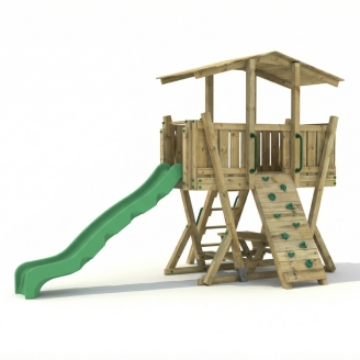 Parc de Jeux FunForte 4 en Bois pour Usage Public avec Toboggan HDPE, Mur d’Escalade et Table de Pique-Nique