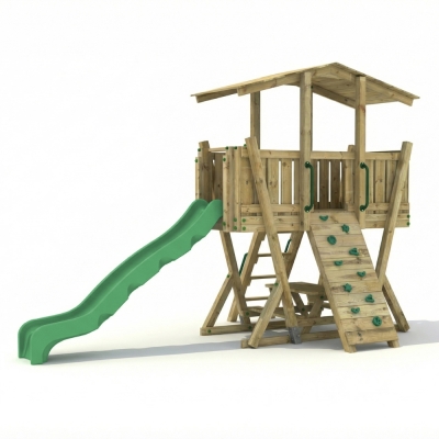 Parc de Jeux FunForte 4 en Bois pour Usage Public avec Toboggan HDPE, Mur d’Escalade et Table de Pique-Nique