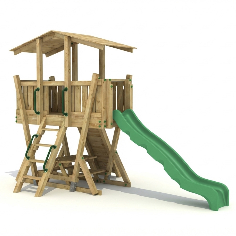 Parc de Jeux FunForte 4 en Bois pour Usage Public avec Toboggan HDPE, Mur d’Escalade et Table de Pique-Nique
