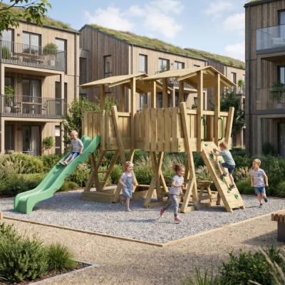 Parc de Jeux FunForte 5 en Bois pour Usage Public avec Double Tour, Pont, Toboggan et Bac à Sable