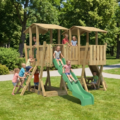 Parc de Jeux FunForte 5 en Bois pour Usage Public avec Double Tour, Pont, Toboggan et Bac à Sable