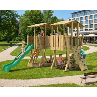 Parc de Jeux FunForte 5 en Bois pour Usage Public avec Double Tour, Pont, Toboggan et Bac à Sable