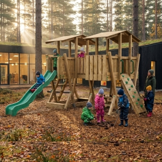Parc de Jeux FunForte 5 en Bois pour Usage Public avec Double Tour, Pont, Toboggan et Bac à Sable