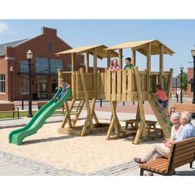 Parc de Jeux FunForte 5 en Bois pour Usage Public avec Double Tour, Pont, Toboggan et Bac à Sable