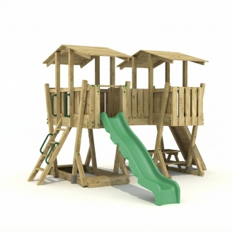 Parc de Jeux FunForte 5 en Bois pour Usage Public avec Double Tour, Pont, Toboggan et Bac à Sable