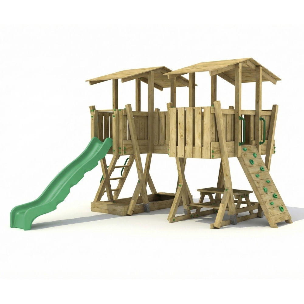 Parc de Jeux FunForte 5 en Bois pour Usage Public avec Double Tour, Pont, Toboggan et Bac à Sable