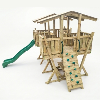 Parc de Jeux FunForte 5 en Bois pour Usage Public avec Double Tour, Pont, Toboggan et Bac à Sable
