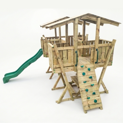 Parc de Jeux FunForte 5 en Bois pour Usage Public avec Double Tour, Pont, Toboggan et Bac à Sable